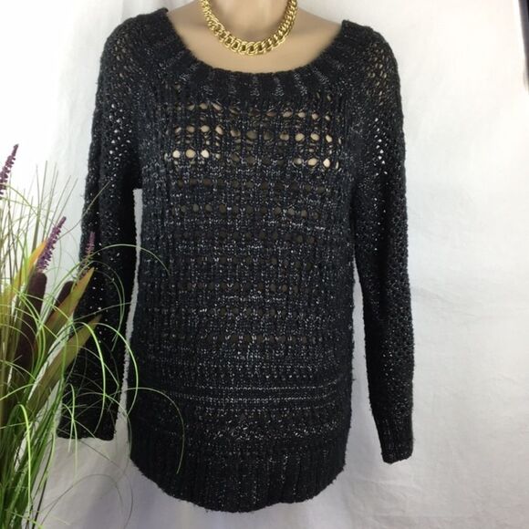 Narciso Rodriguez Black & Gray Woven Long Sleeve Loose Knit Crewneck Sweater M - Picture 1 of 7